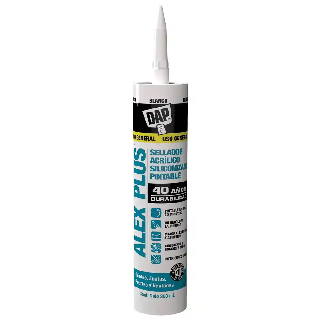 Sellador Acrilico Siliconizado Pintable Alex Plus Blanco Cartucho 300ml