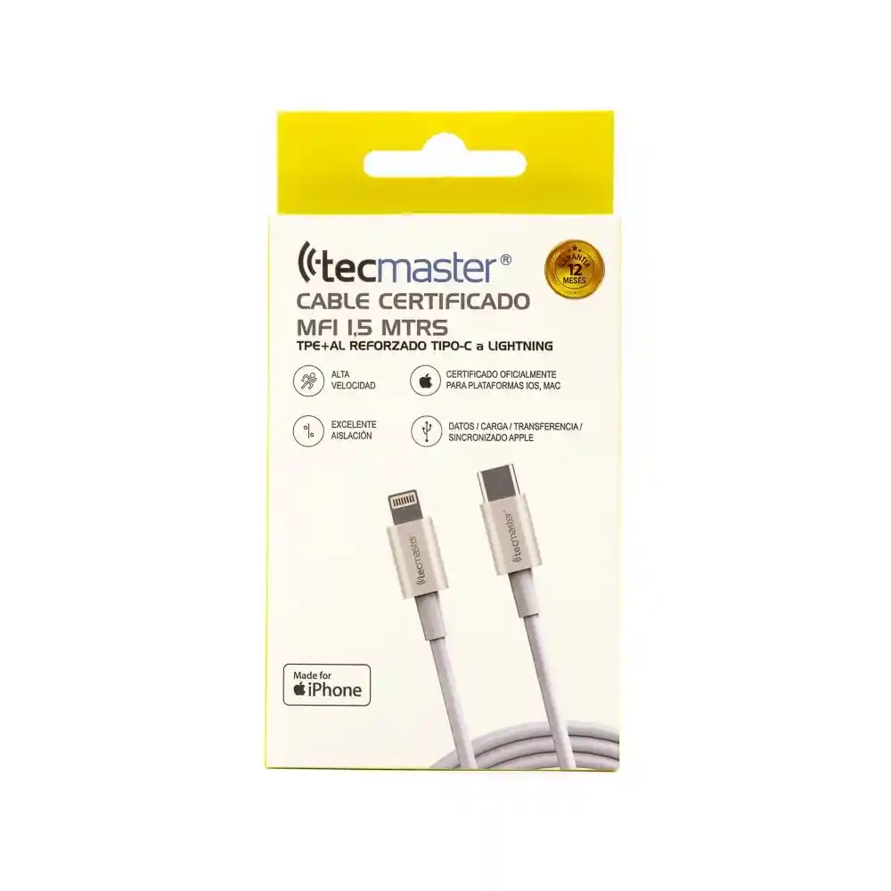 Cable Iphone Usb C A Lightning Blindado Certificado Mfi 1.5mts Blanco