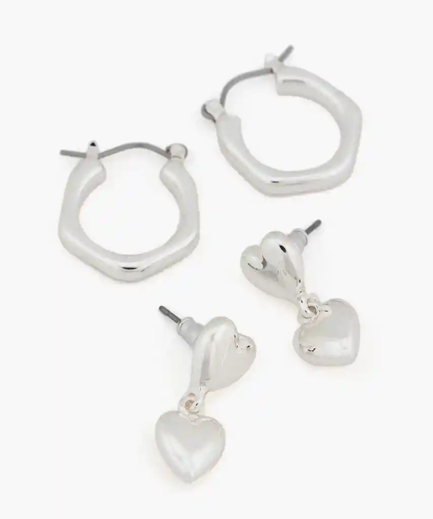 Set Aros Hexagonales Y Corazones Plateado