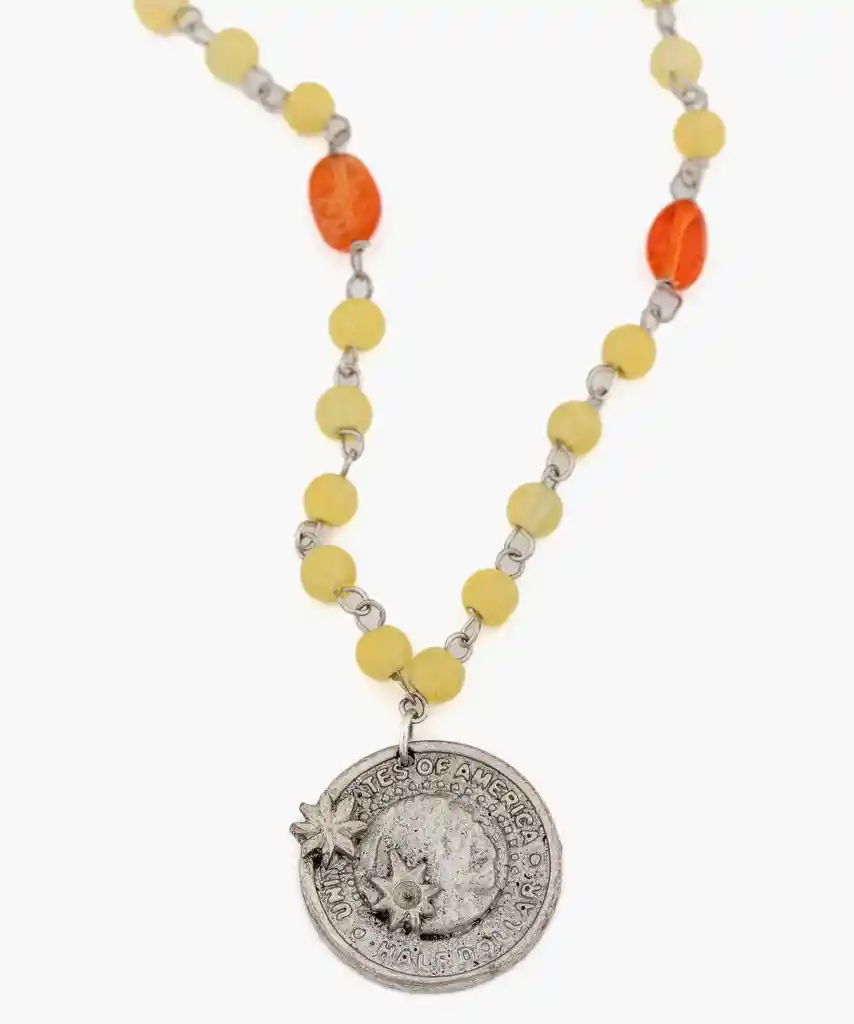 Collar Moneda Y Piedras Plateado