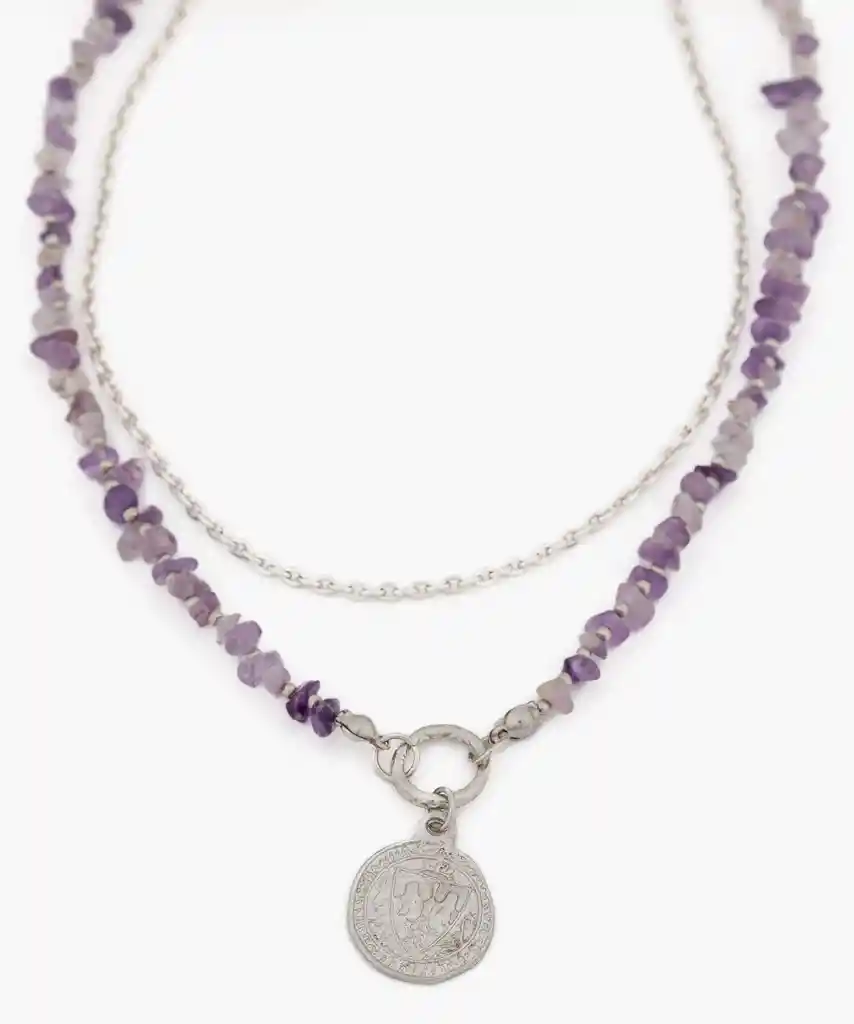 Collar Piedras Y Moneda Plateado