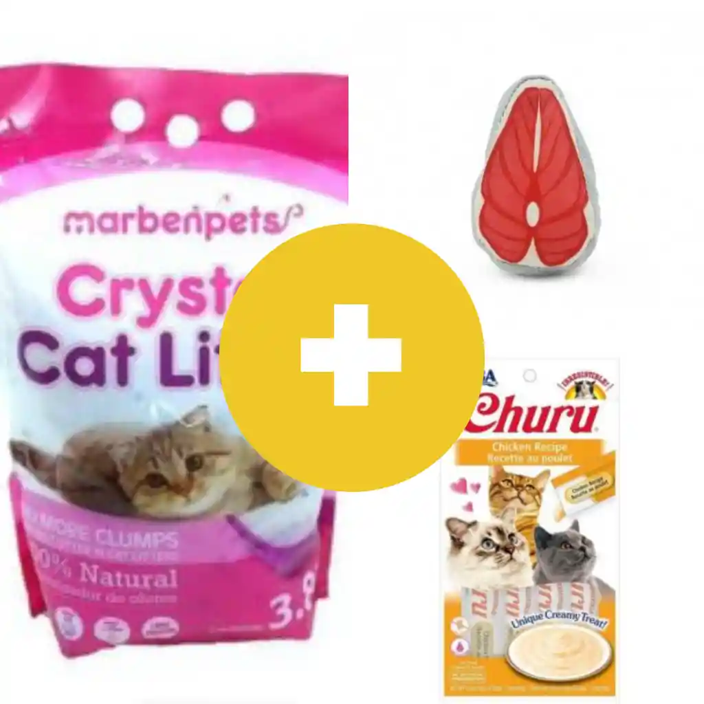 Pack 1 Churu Sabor Pollo + 1 Arena Cristal Marben Pets + 1 Juguete Pequeño