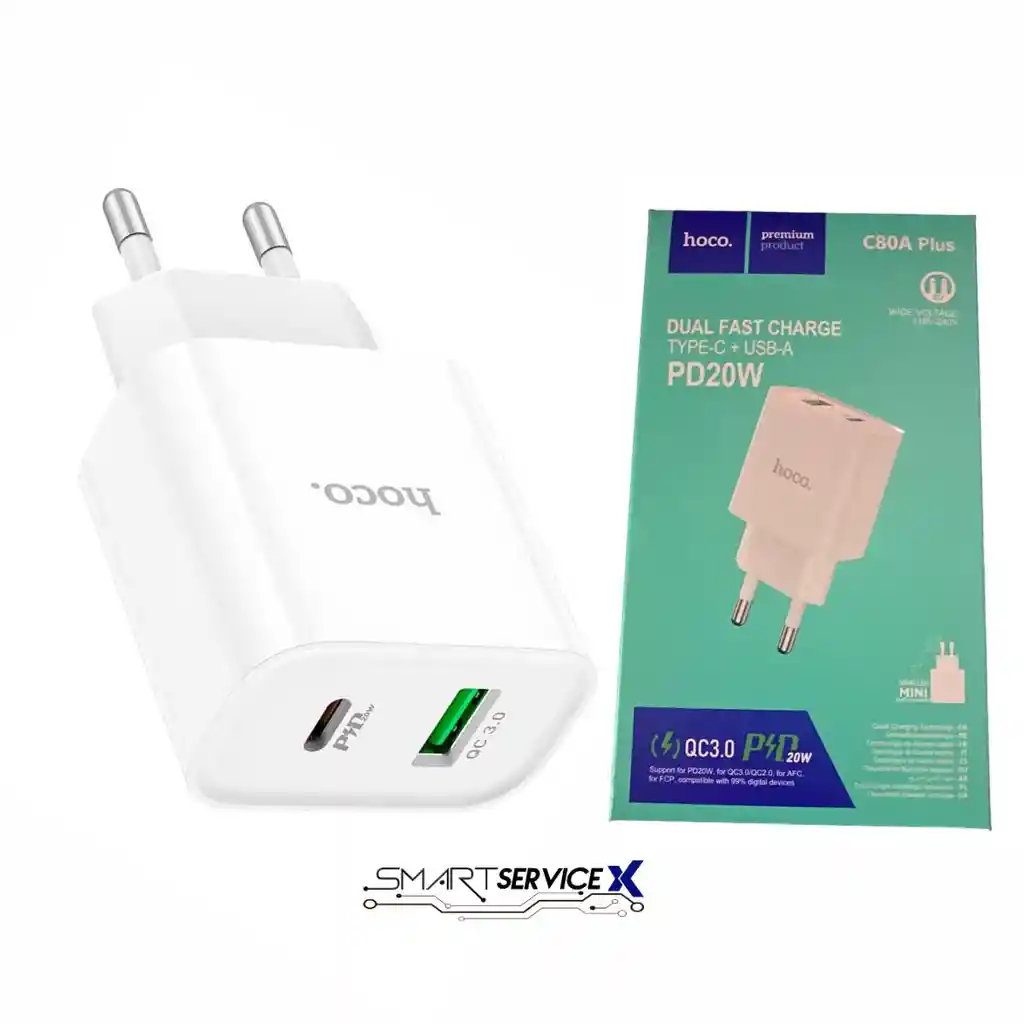 Adaptador Dual Tipo C + Usb-a 20w Carga Rapida Celular Hoco C80a