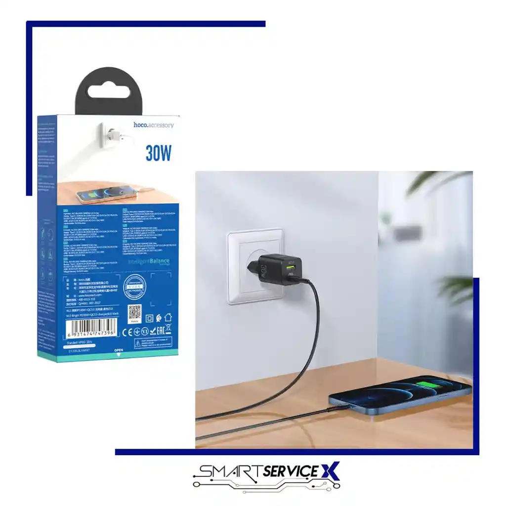 Adaptador Type-c Pd 30w Y Usb-a Qc 18w Carga Rapida Hoco N13, Cargador De Pared, Dual Salida Negro