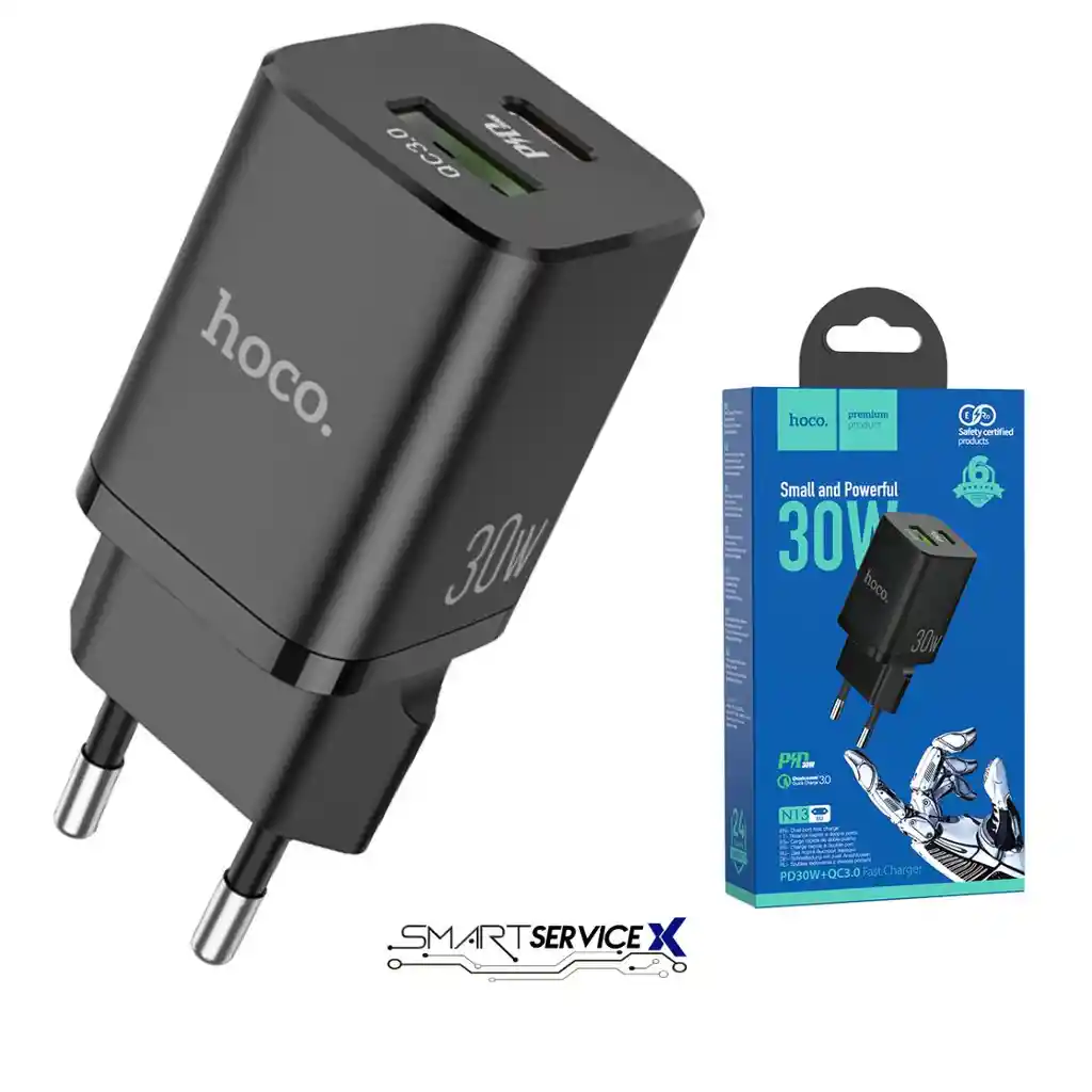 Adaptador Type-c Pd 30w Y Usb-a Qc 18w Carga Rapida Hoco N13, Cargador De Pared, Dual Salida Negro