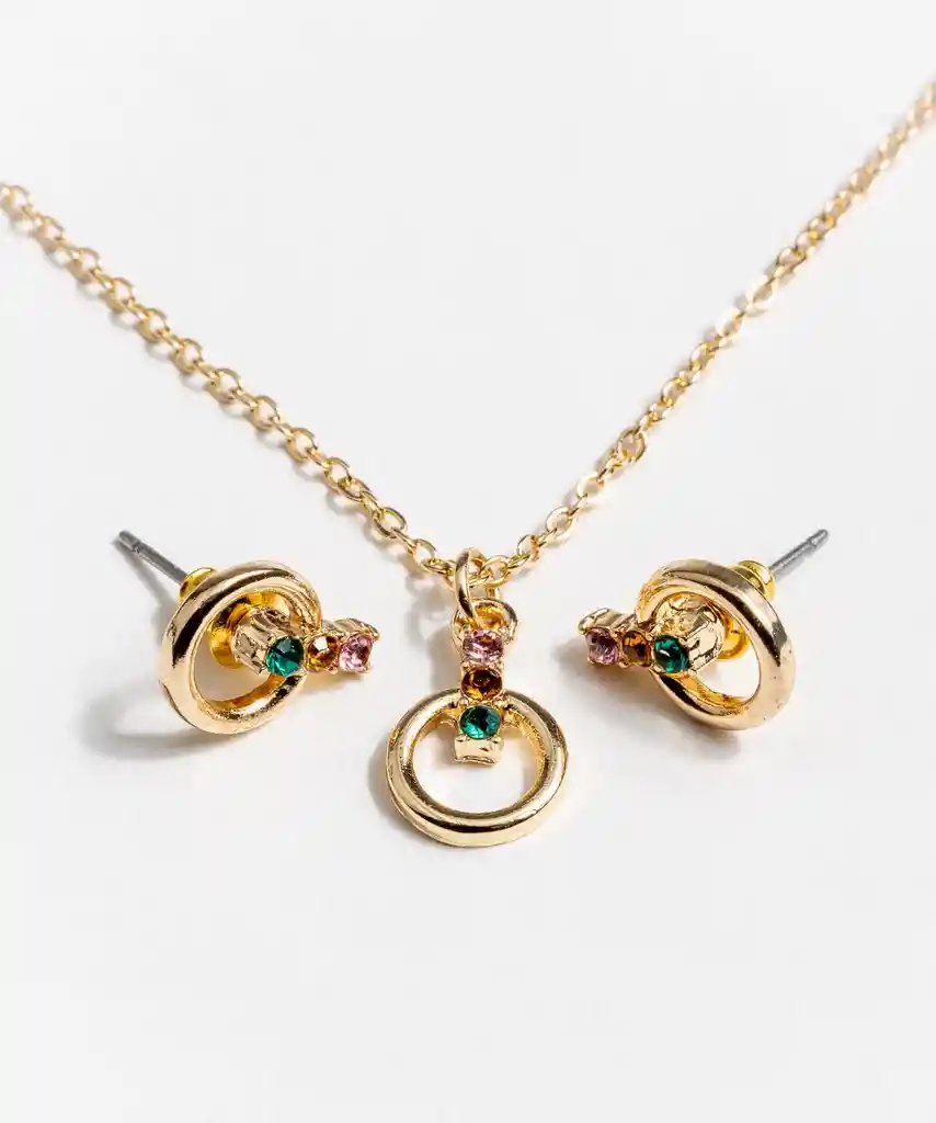 Set Collar Y Aros Detalle Strass Dorado