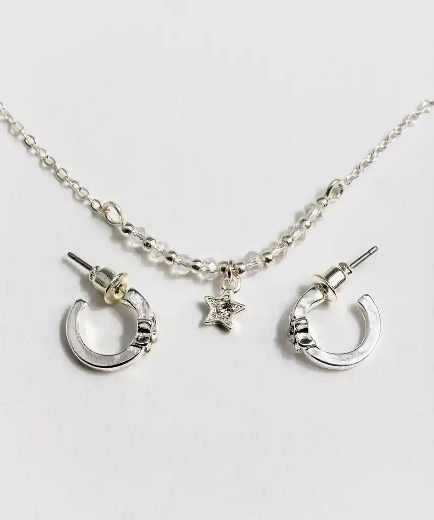 Set Collar Y Aros Estrella Pequeña Plateado