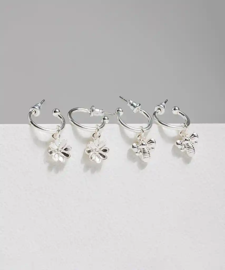 Set Aros Flor Y Abeja Plateado