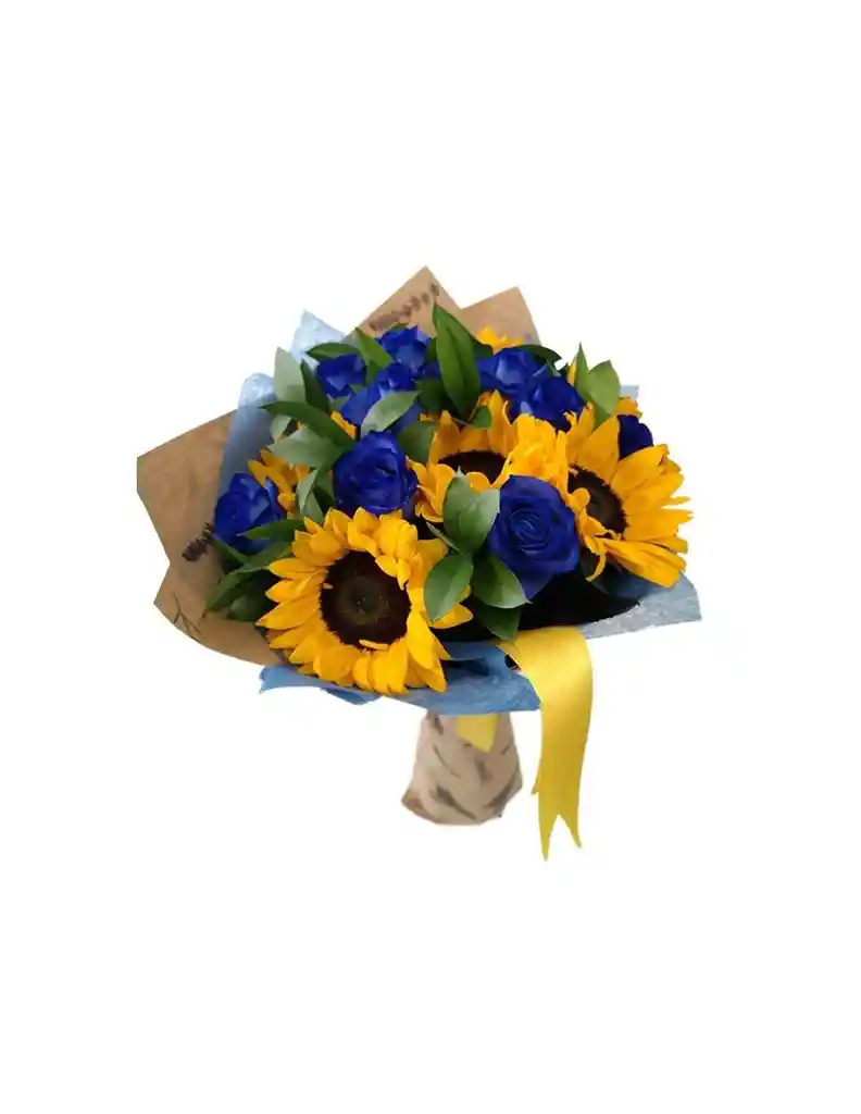 Hermoso Ramo Mix De Girasoles Y Rosas Azules ( 5 Girasoles + 5 Rosas Azules )