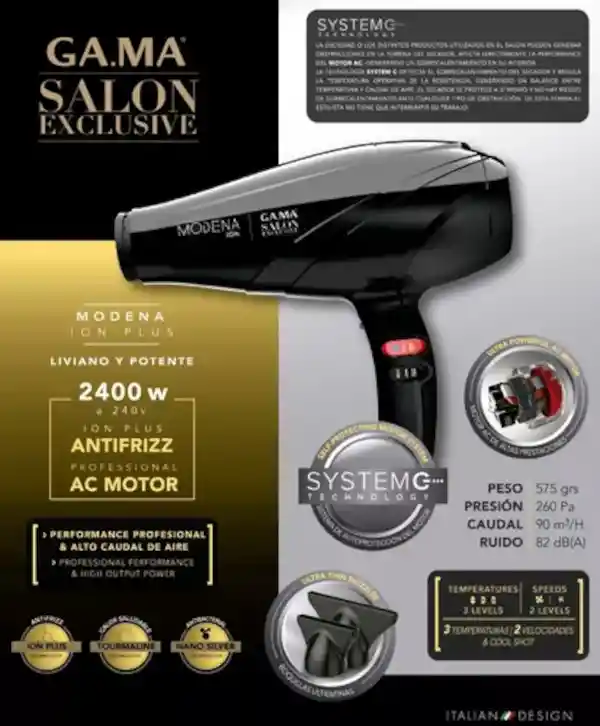 Secador Modena Ion Plus Ga.ma Salon Exclusive