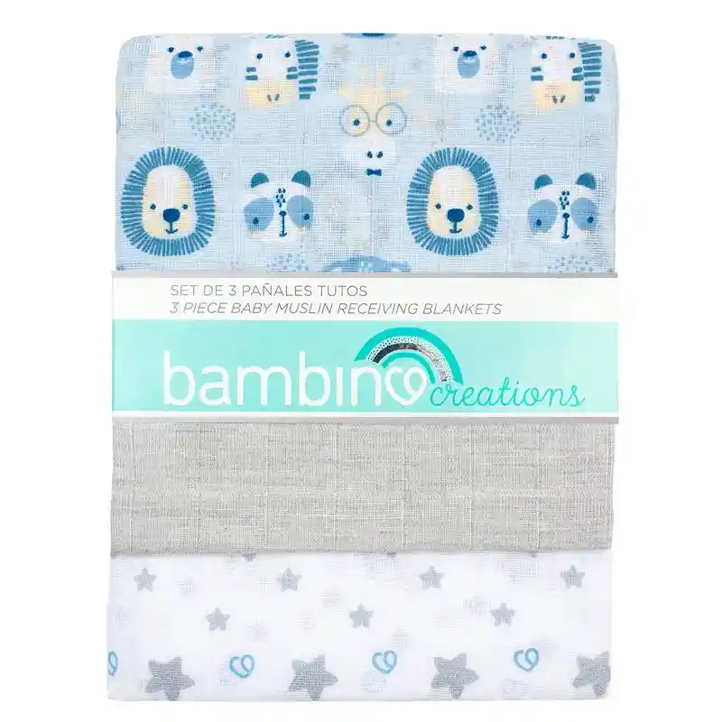 Pañales Tutos De Muselina Celeste Animales Bambino