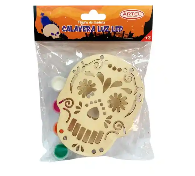 Figura Madera Calavera Luz Led Halloween