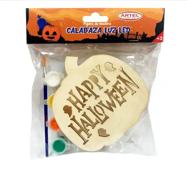 Figura Madera Calabaza Luz Led Halloween