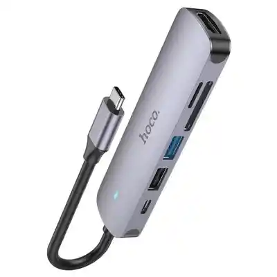 Adaptador Hoco Hb28 Tipo C Hdtv Usb3.0 Usb2.0 Sd Tf Pd Gris