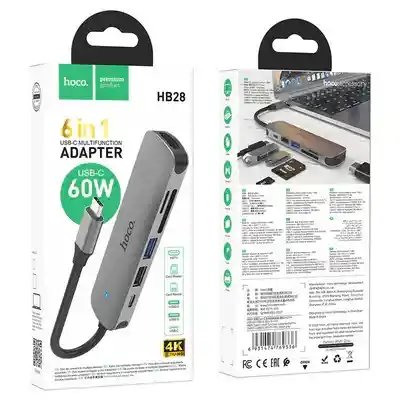 Adaptador Hoco Hb28 Tipo C Hdtv Usb3.0 Usb2.0 Sd Tf Pd Gris