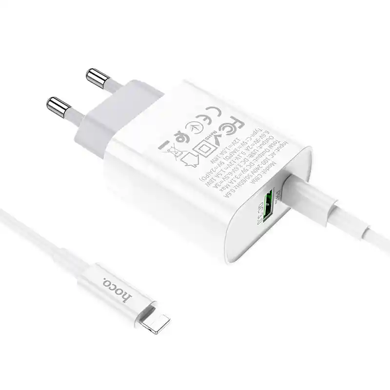 Cargador Hoco C80a Doble Puerto Usb Y Usb-c Con Cable Lightning A Tipo C