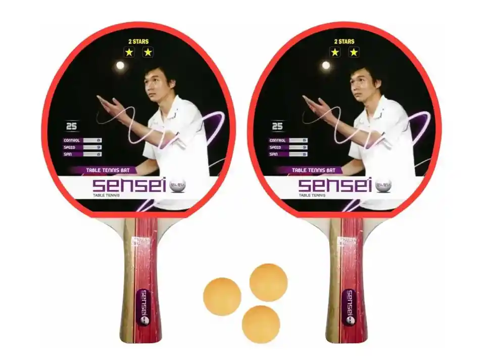 Set Ping Pong Sensei 2 Paletas + 3 Pelotas - 2* Goma Lisa