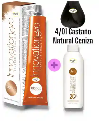 4/01 Castaño Natural Ceniza Tintura Innovationevo 100 Ml + Agua Oxigenada 20 V Bbcos