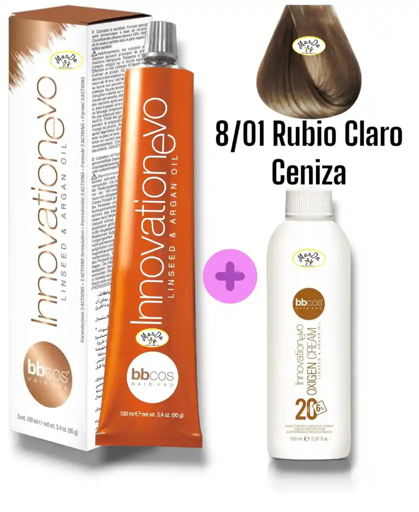 8/01 Rubio Claro Ceniza Tintura Innovationevo 100 Ml + Agua Oxigenada 20 V Bbcos