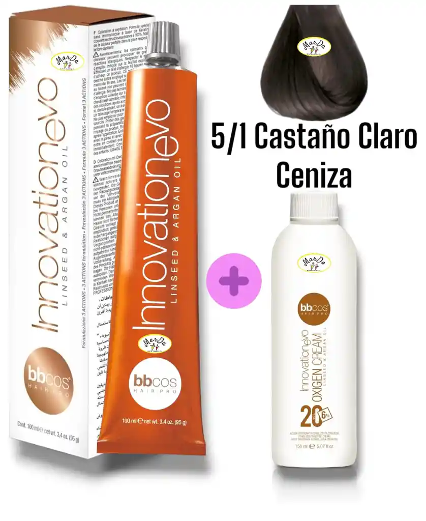 5/1 Castaño Claro Ceniza Tintura Innovationevo 100 Ml + Agua Oxigenada 20 V Bbcos