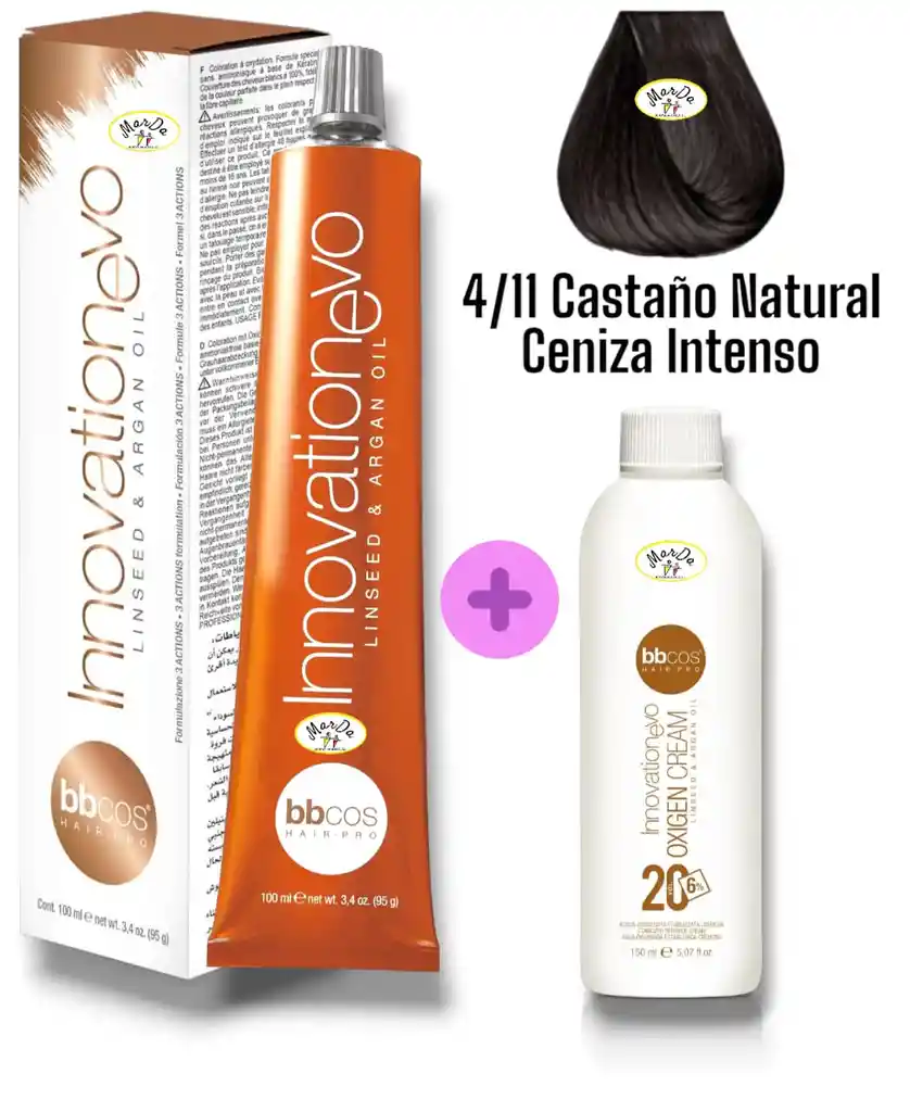 4/11 Castaño Natural Ceniza Intenso Tintura Innovationevo 100 Ml + Agua Oxigenada 20 V Bbcos