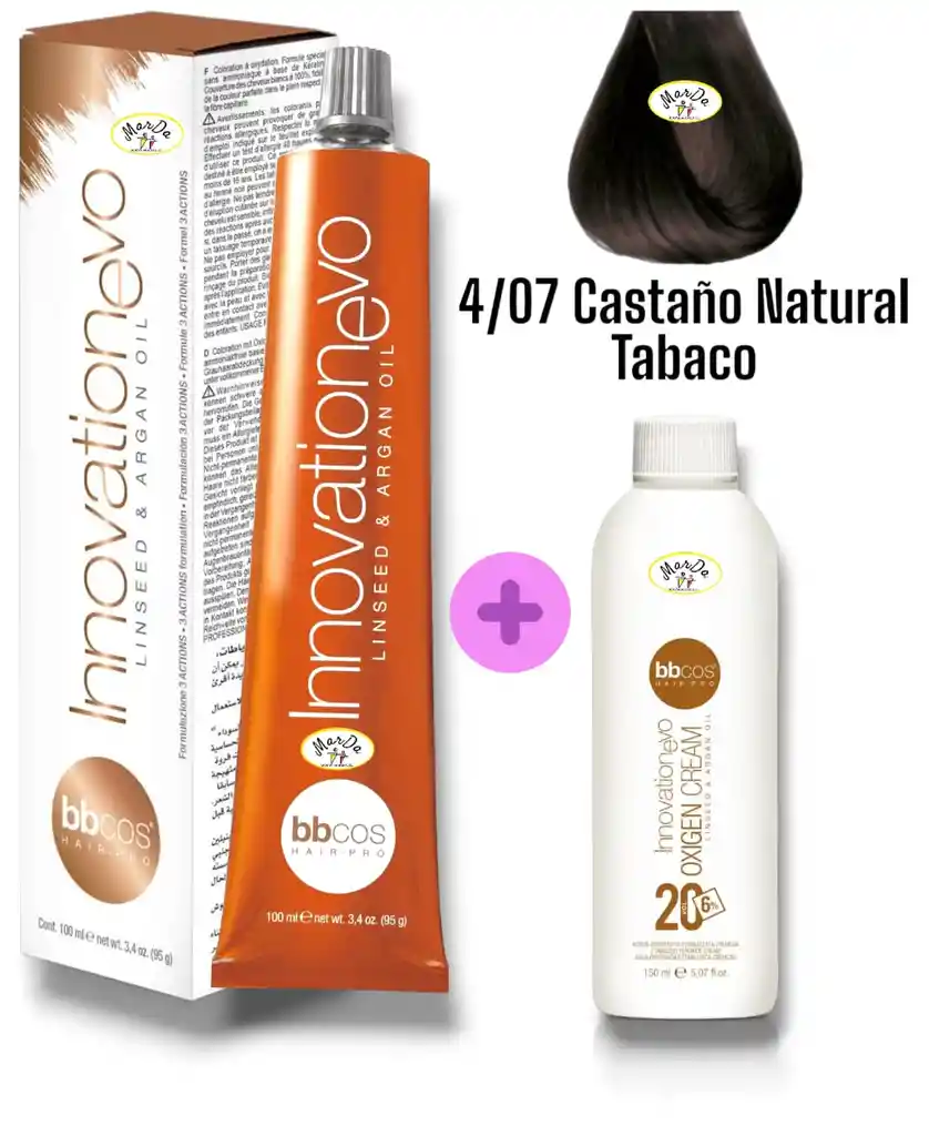 4/07 Castaño Natural Tabaco Tintura Innovationevo 100 Ml + Agua Oxigenada 20 V Bbcos