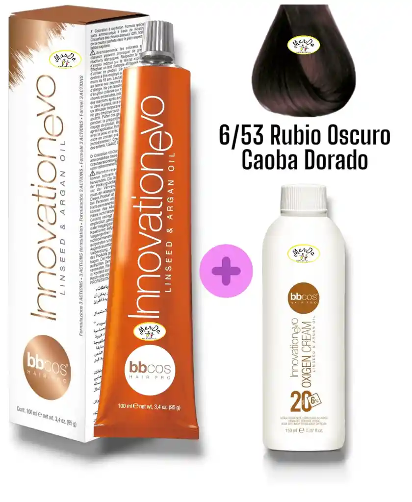 6/53 Rubio Oscuro Caoba Dorado Tintura Innovationevo 100 Ml + Agua Oxigenada 20 V Bbcos