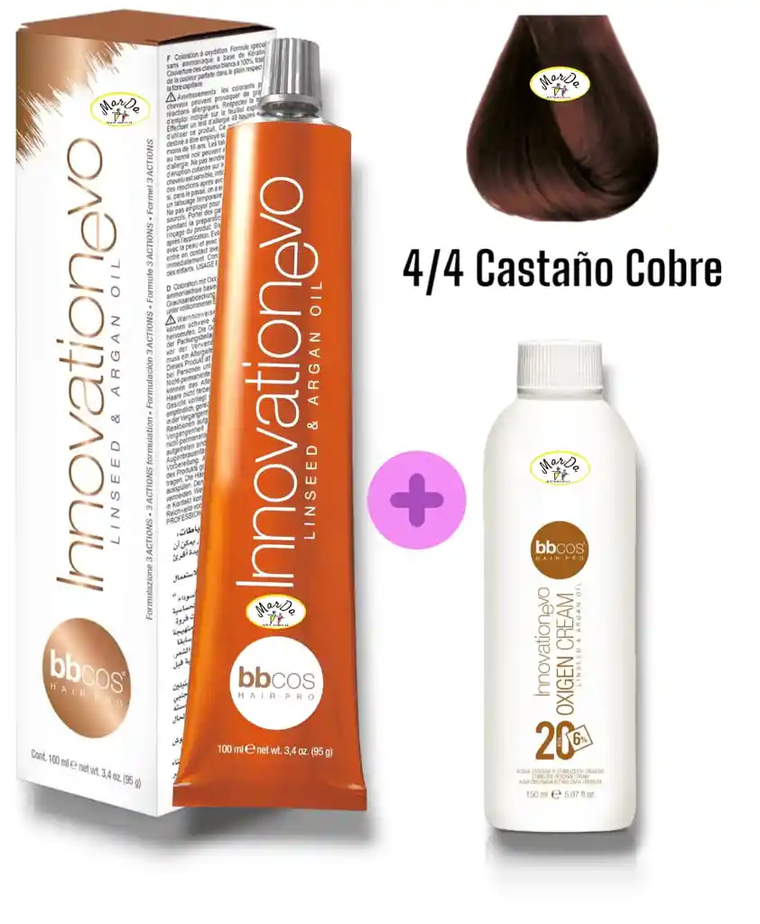 4/4 Castaño Cobre Tintura Innovationevo 100 Ml + Agua Oxigenada 20 V Bbcos