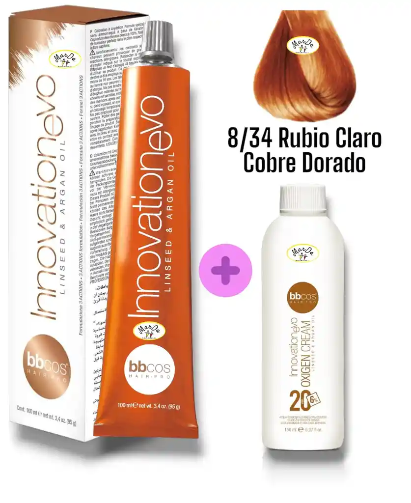 8/34 Rubio Claro Cobre Dorado Tintura Innovationevo 100 Ml + Agua Oxigenada 20 V Bbcos