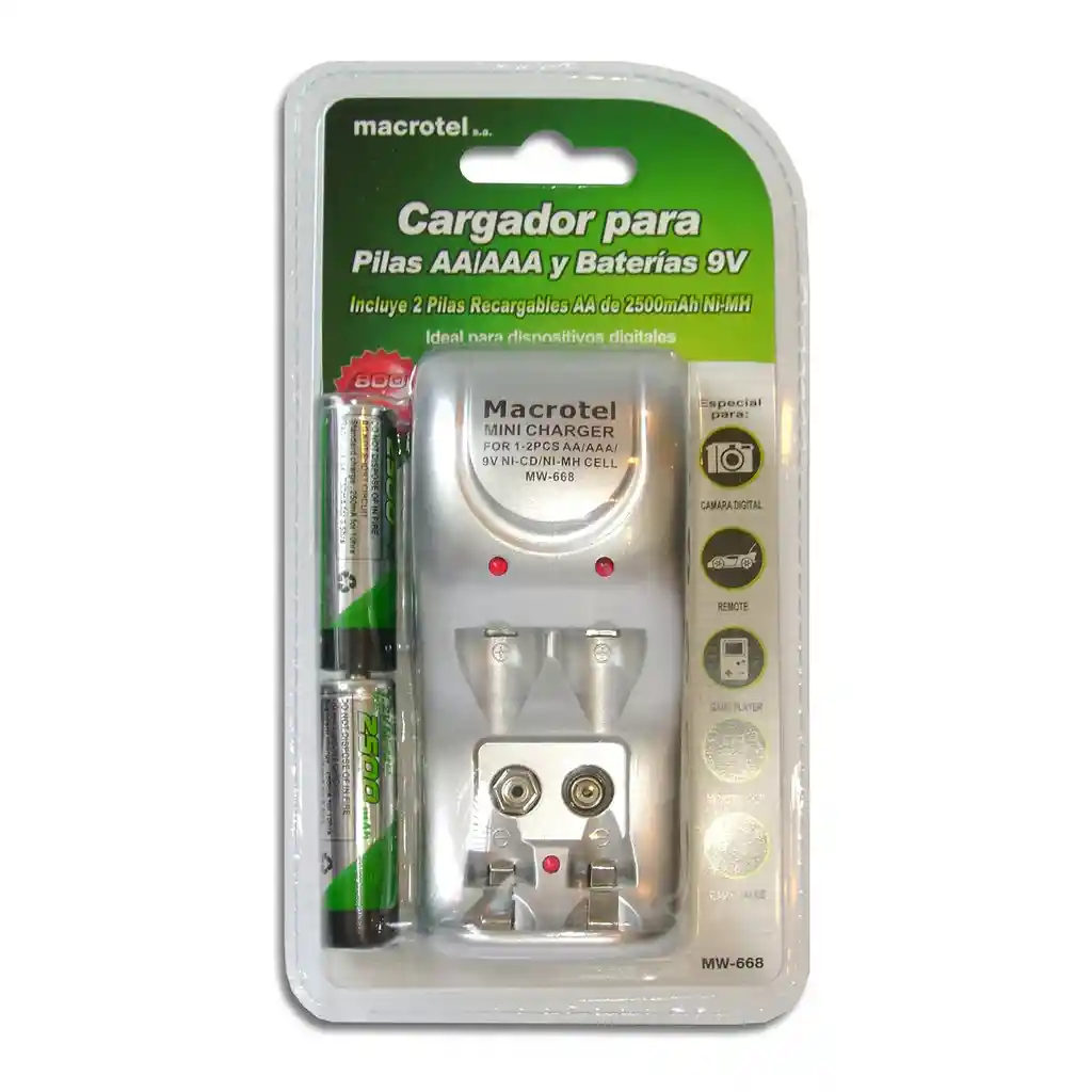 Cargador Pilas Macrotel + 2 Pilas Aa 2500mha