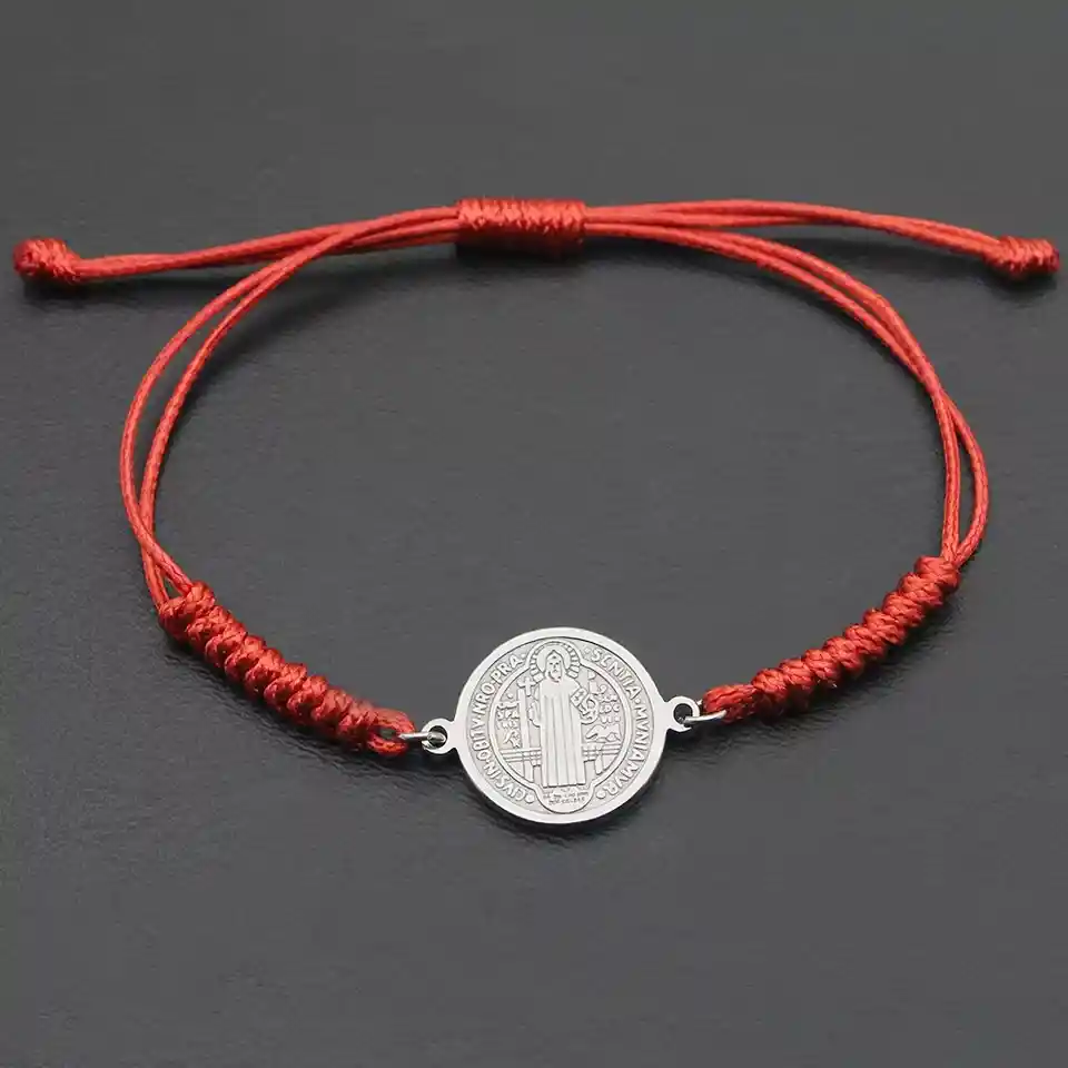 Pulsera Hilo Rojo Trenzado San Benito Acero