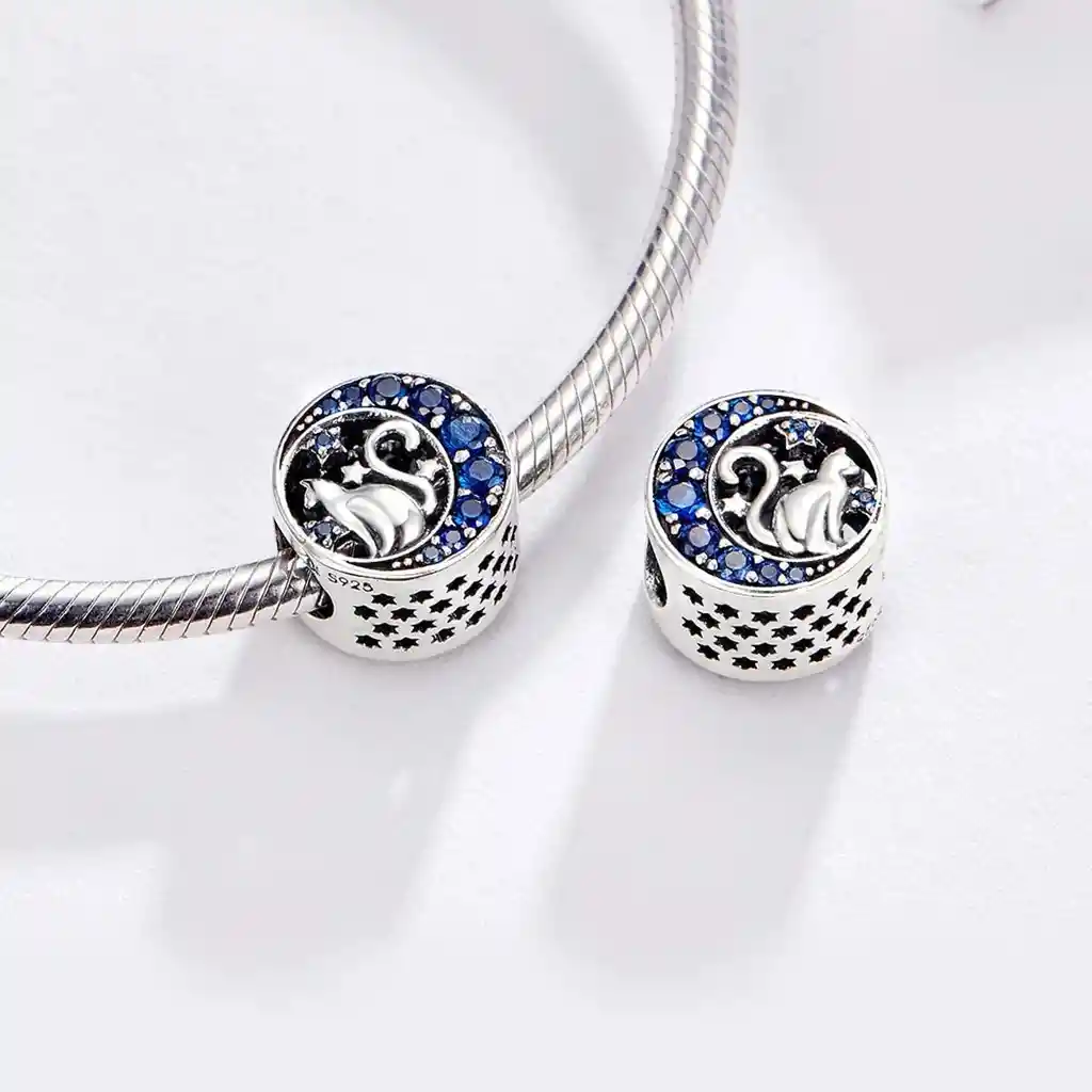 Charm Dije Plata 925 Gato En Luna Azul