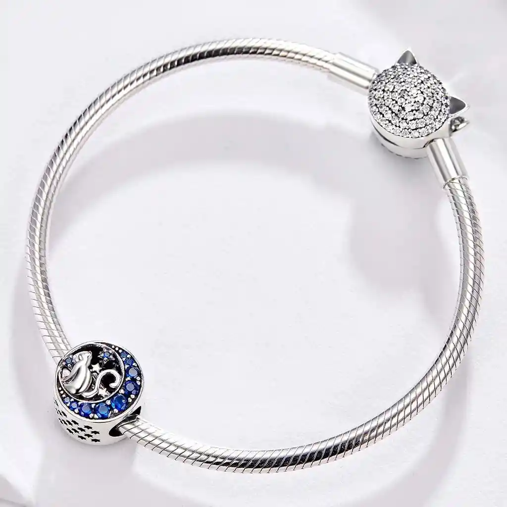 Charm Dije Plata 925 Gato En Luna Azul