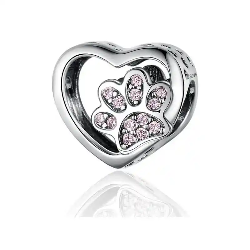 Charm Dije Plata 925 Corazon Patita Rosa Mascota