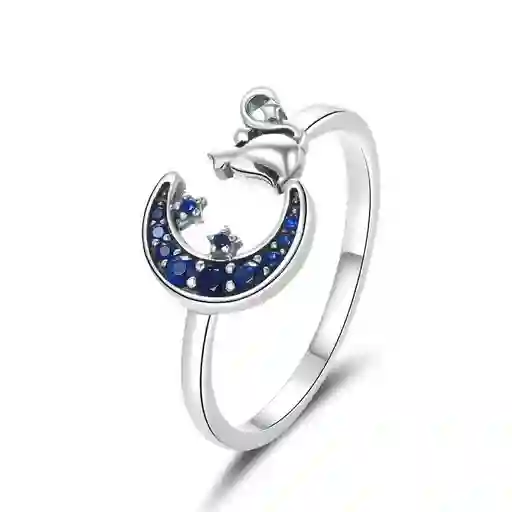 Anillo Plata 925 Gato En Luna Azul