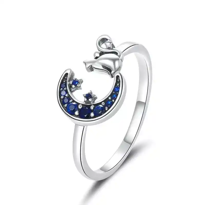 Anillo Plata 925 Gato En Luna Azul