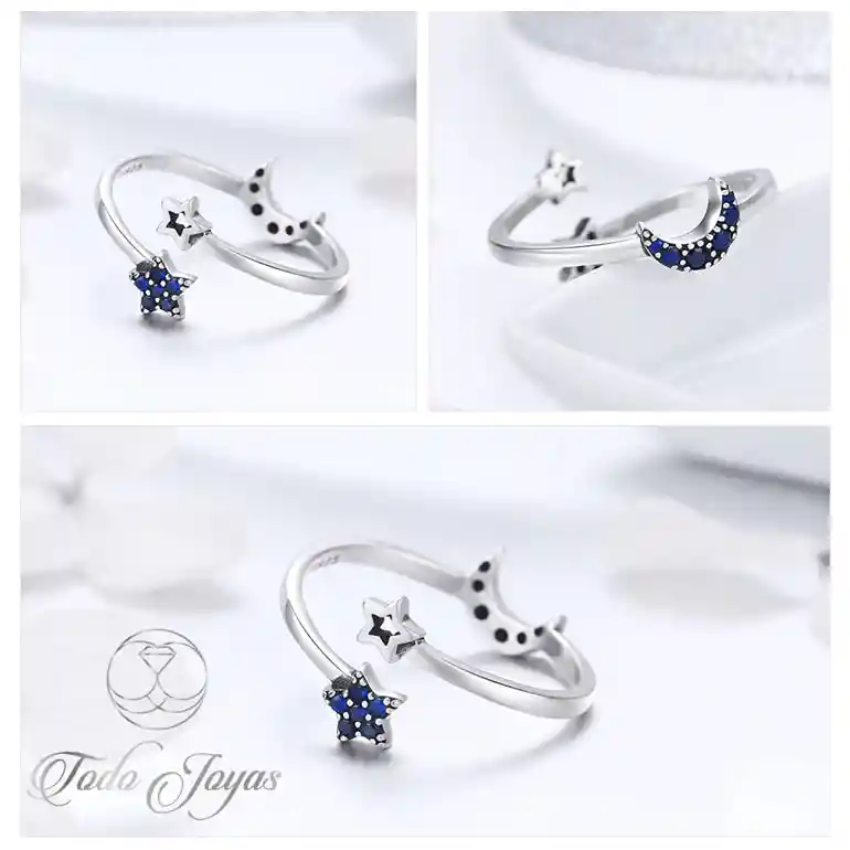 Anillo Plata 925 Luna Azul Y Estrellas