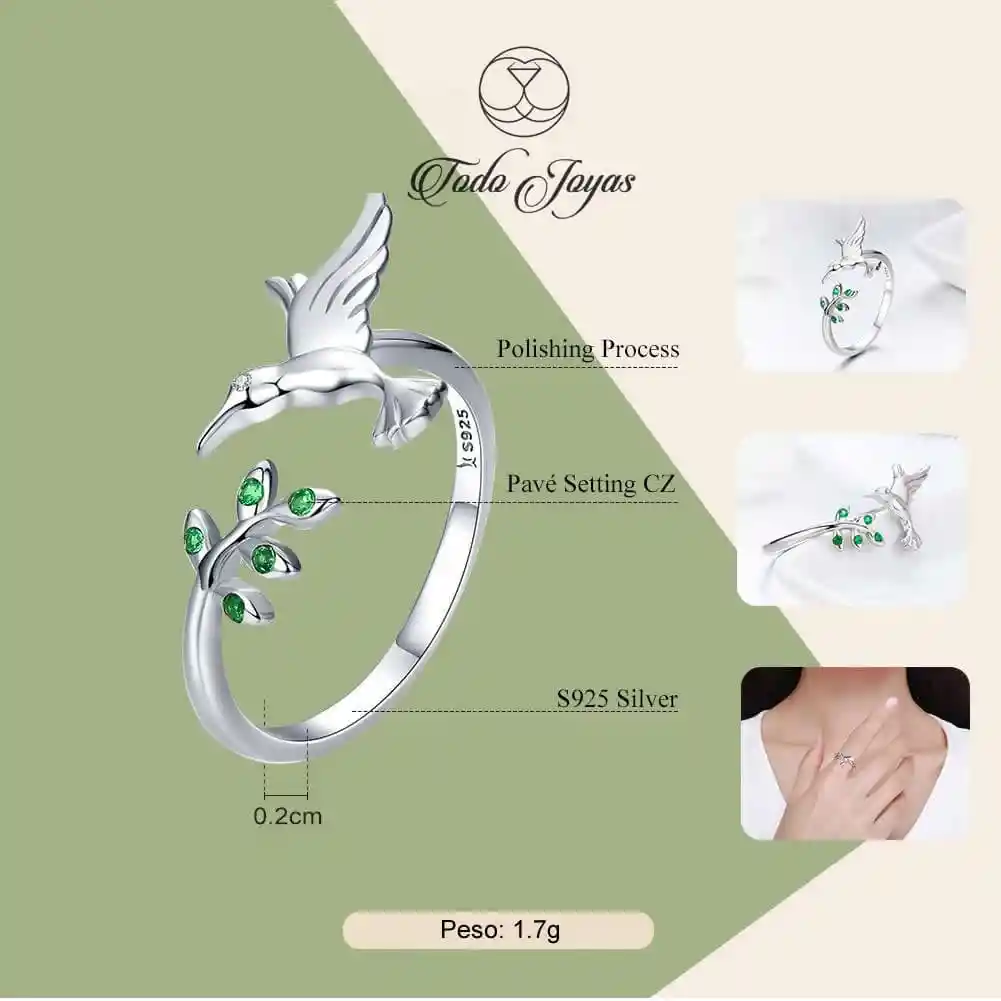 Anillo Plata 925 Colibri Picaflor Ave