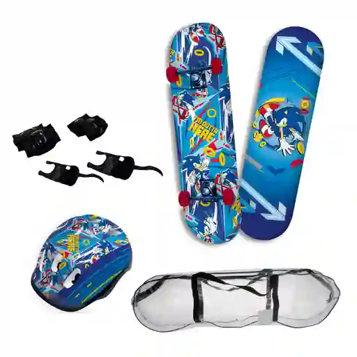 Set Skateboard Con Casco Y Protecciones En Bolso Sonic