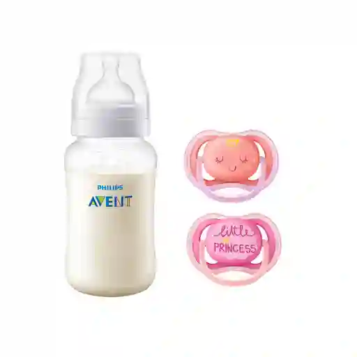 Mamadera Anticolic 330 Ml + 2 Chupetes 6-18m Pink Decorado