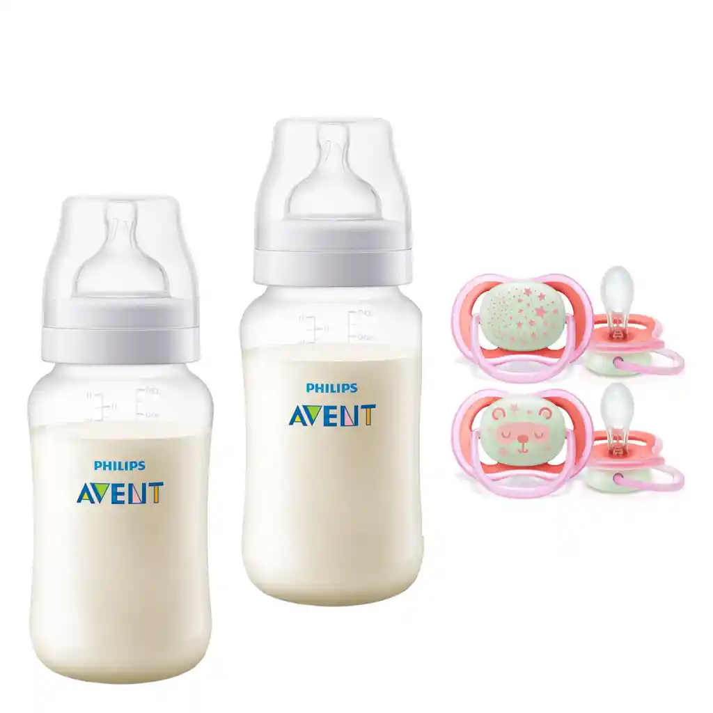 Pack 2 Mamaderas Anticolic 330 Ml + 2 Chupetes 6-18m Noctur