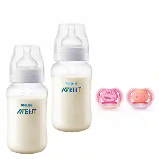 2 Mamaderas Anticolic 330 Ml + 2 Chupetes 6-18m Pink Decorado