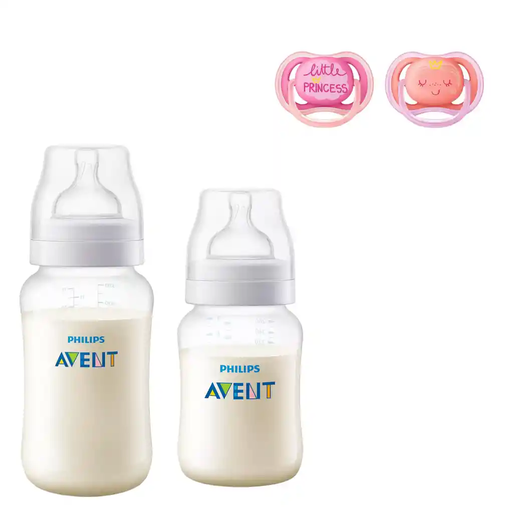 Mamaderas Anticolic 260 Y 330 Ml + 2 Chupetes 6-18m Pink Decorado