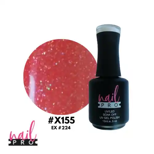 Nail Pro Esmalte Permanente X155 Rojo Anaranjado Micro Glitter