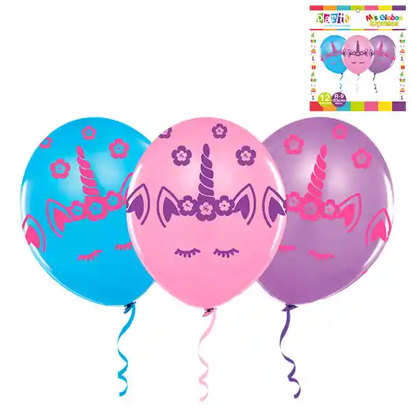 Globo #9 Full Impreso Unicornio Flor 12 Unidades