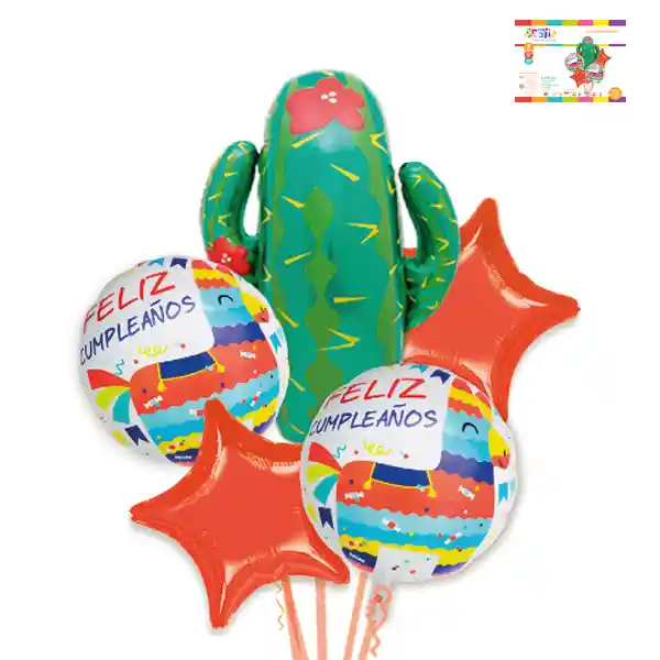 Set Globos Metalizados Cactus Grande + Estrellas Y Llamas