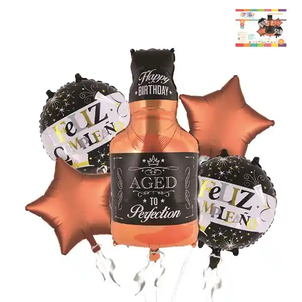 Set Globos Metalizados Botella Whisky Grande + Estrellas Y F.c