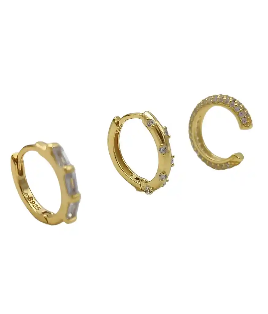 Pack 2 Aros Argolla + 1 Earcuff Plata Fina Ley S925 Chapado Oro 18kl