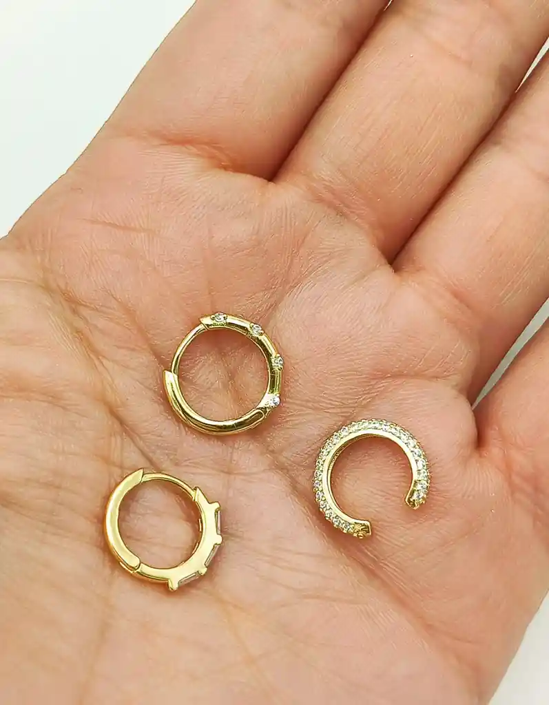 Pack 2 Aros Argolla + 1 Earcuff Plata Fina Ley S925 Chapado Oro 18kl