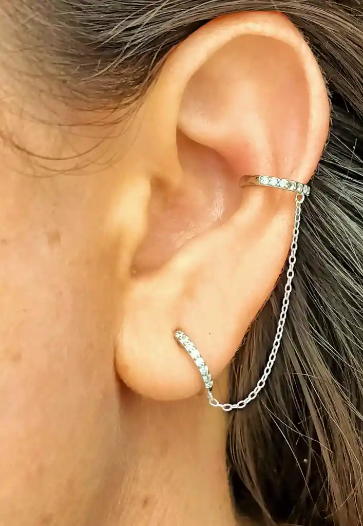 Aro Argolla Huggie Con Cadena Earcuff Plata 925 Unidad